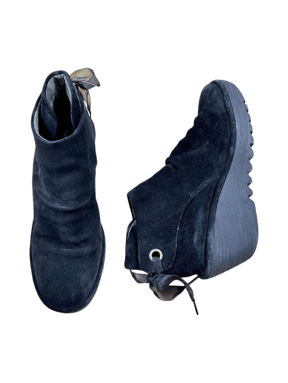 Fly London Boots Platform Wedge Ankle Suede Black Yebi (38)